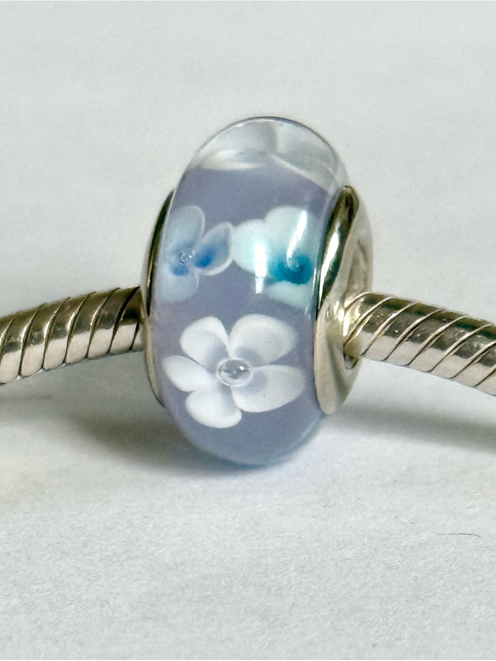 Blue Murano charm with white and blue flowers details fit pandora bracelets